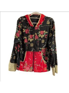 Anne Carson Red and Black Floral 100%Silk Jacket With Kangaroo Pocket Size Large